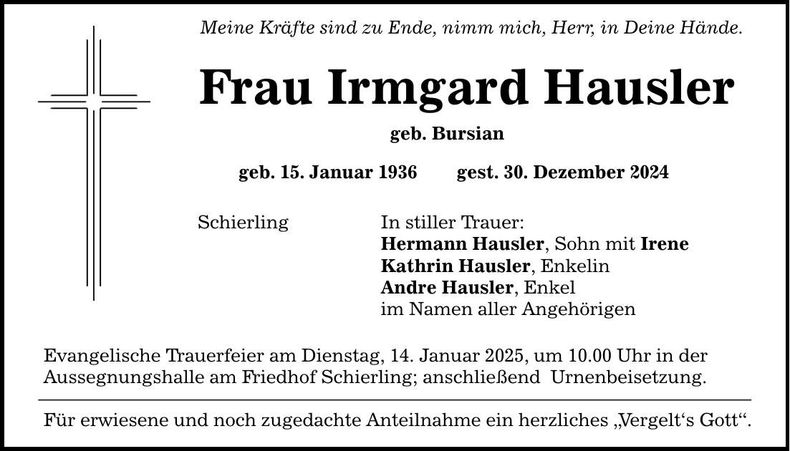 Traueranzeige Irmgard Hausler