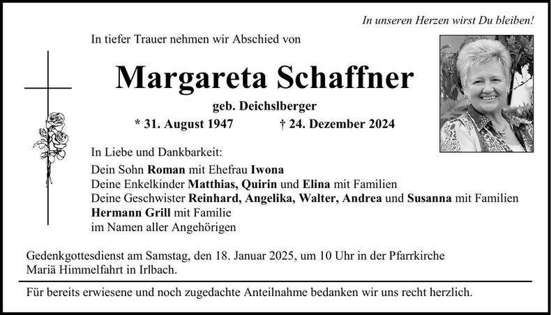 Traueranzeige Margareta Schaffner