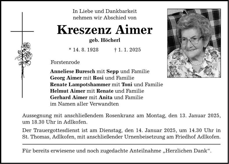Traueranzeige Kreszenz Aimer
