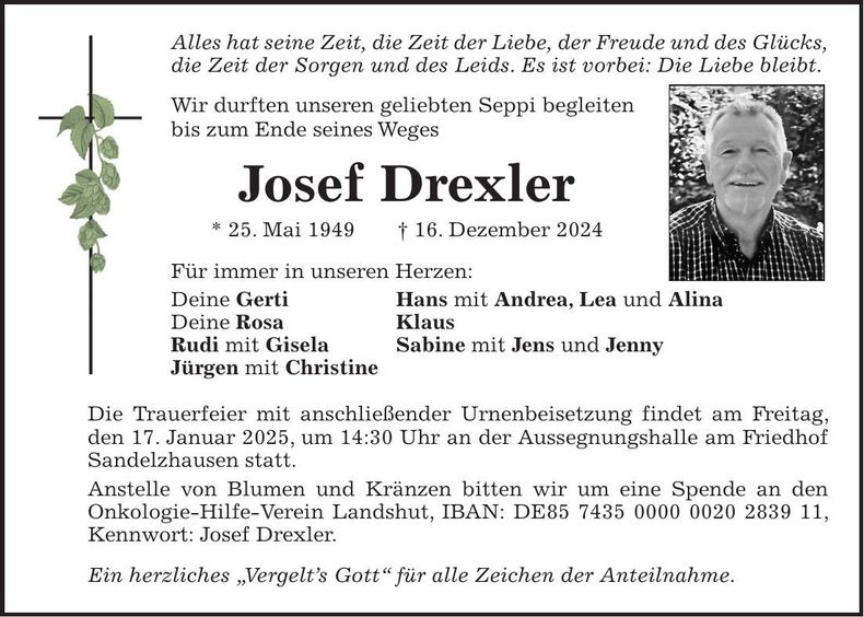 Traueranzeige Josef Drexler