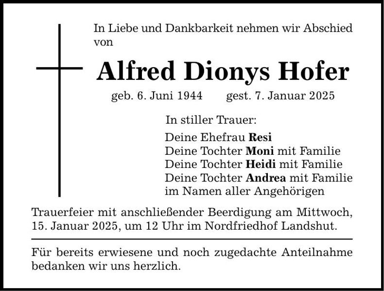Traueranzeige Alfred Dionys Hofer