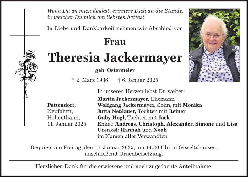 Traueranzeige Theresia Jackermayer