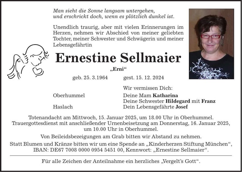 Traueranzeige Ernestine Sellmaier