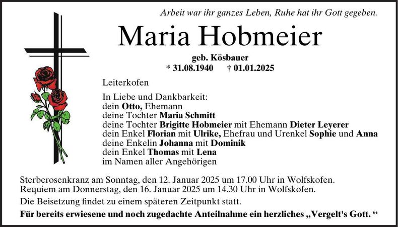 Traueranzeige Maria Hobmeier