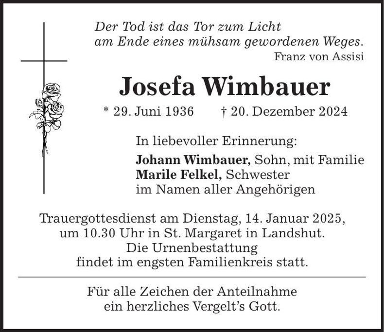 Traueranzeige Josefa Wimbauer