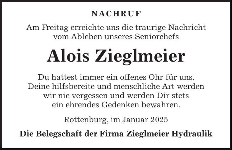 Traueranzeige Alois Zieglmeier