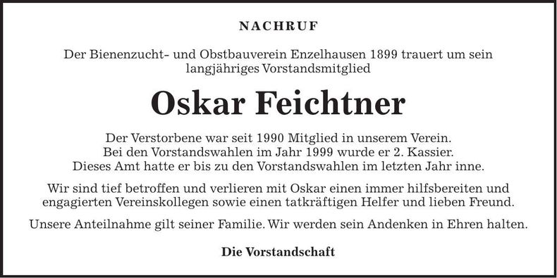 Traueranzeige Oskar Feichtner