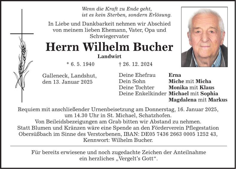 Traueranzeige Wilhelm Bucher
