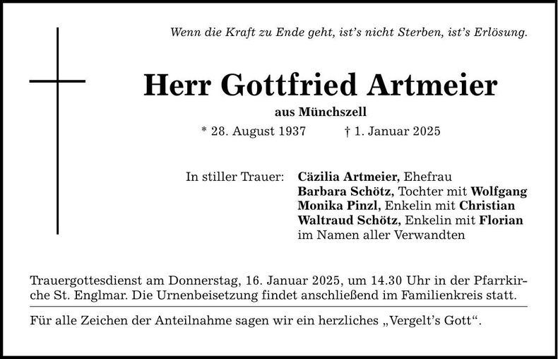 Traueranzeige Gottfried Artmeier