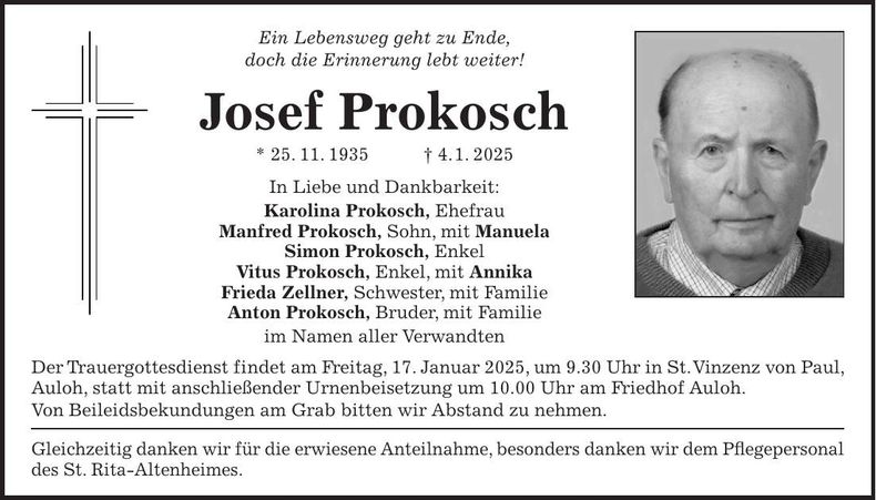 Traueranzeige Josef Prokosch