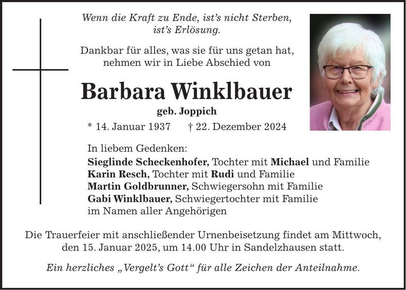 Traueranzeige Barbara Winklbauer