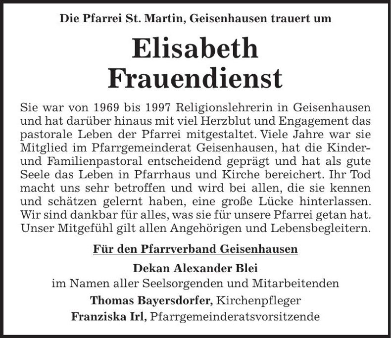 Traueranzeige Elisabeth Frauendienst