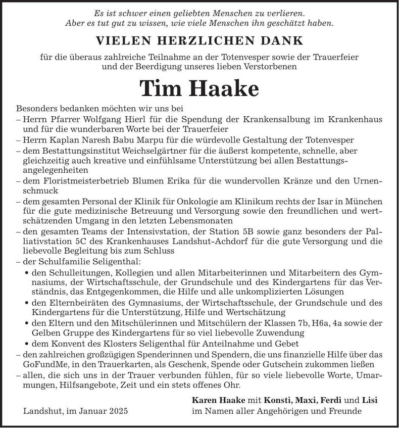 Traueranzeige Tim Haake