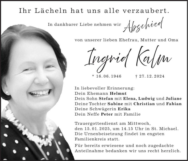 Traueranzeige Ingrid Kalm