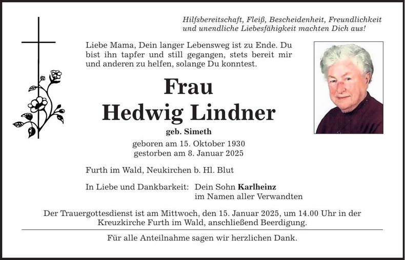 Traueranzeige Hedwig Lindner