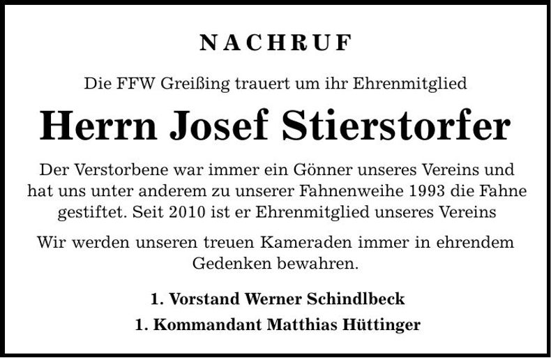 Traueranzeige Josef Stierstorfer