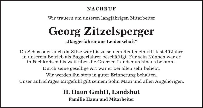 Traueranzeige Georg Zitzelsperger