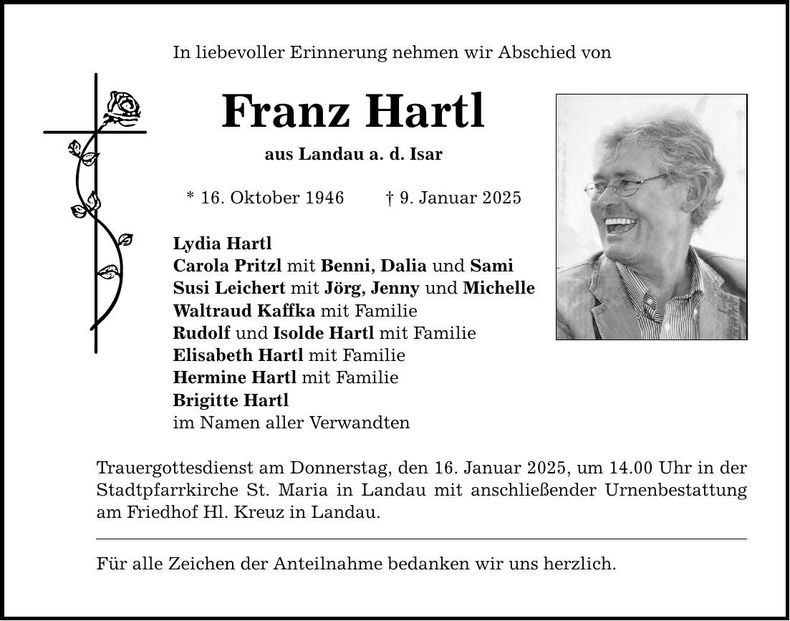 Traueranzeige Franz Hartl