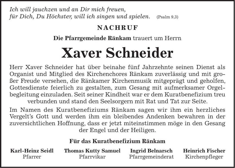 Traueranzeige Xaver Schneider