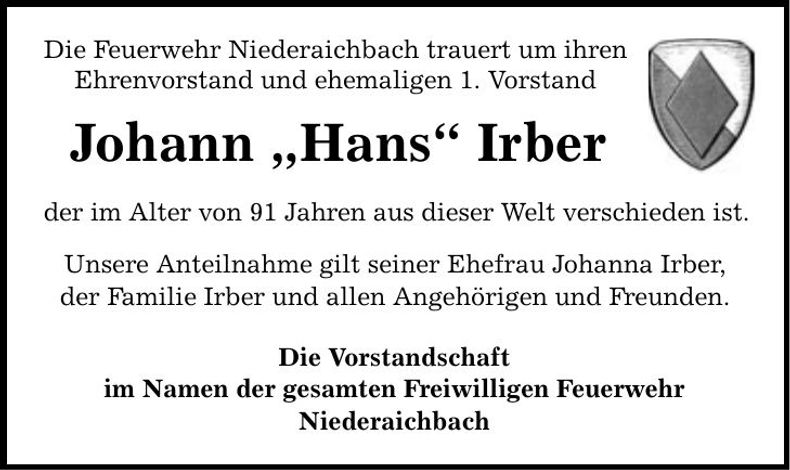 Traueranzeige Johann Irber