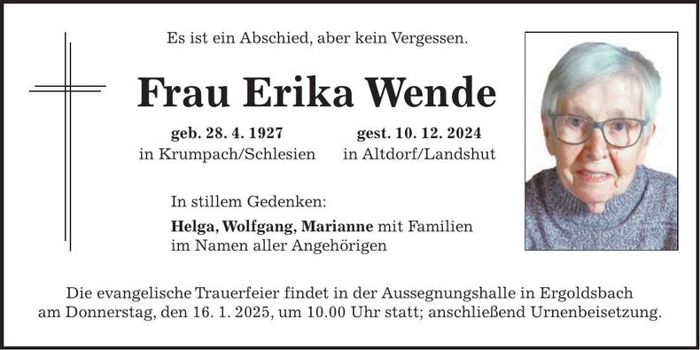Traueranzeige Erika Wende
