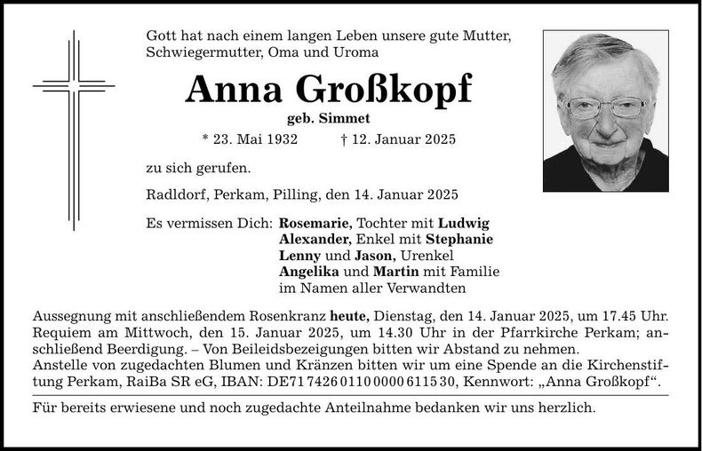 Traueranzeige Anna Großkopf