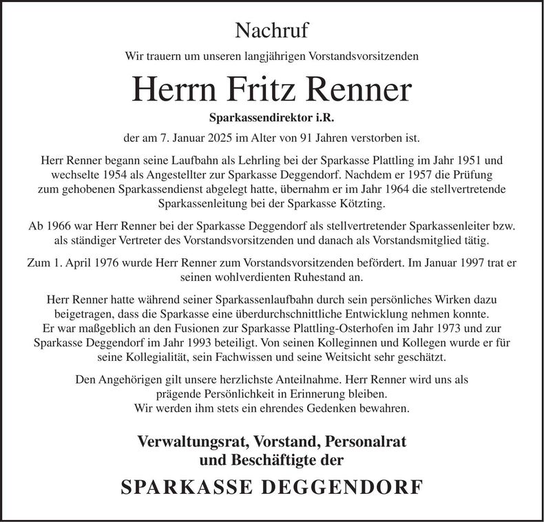 Traueranzeige Fritz Renner