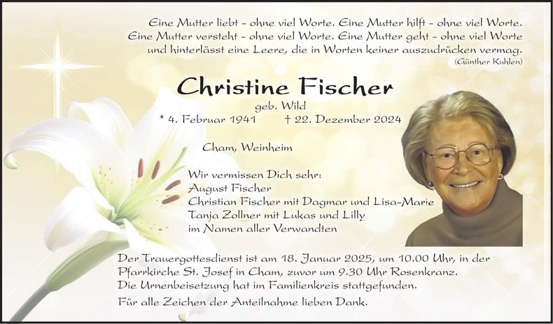Traueranzeige Christine Fischer