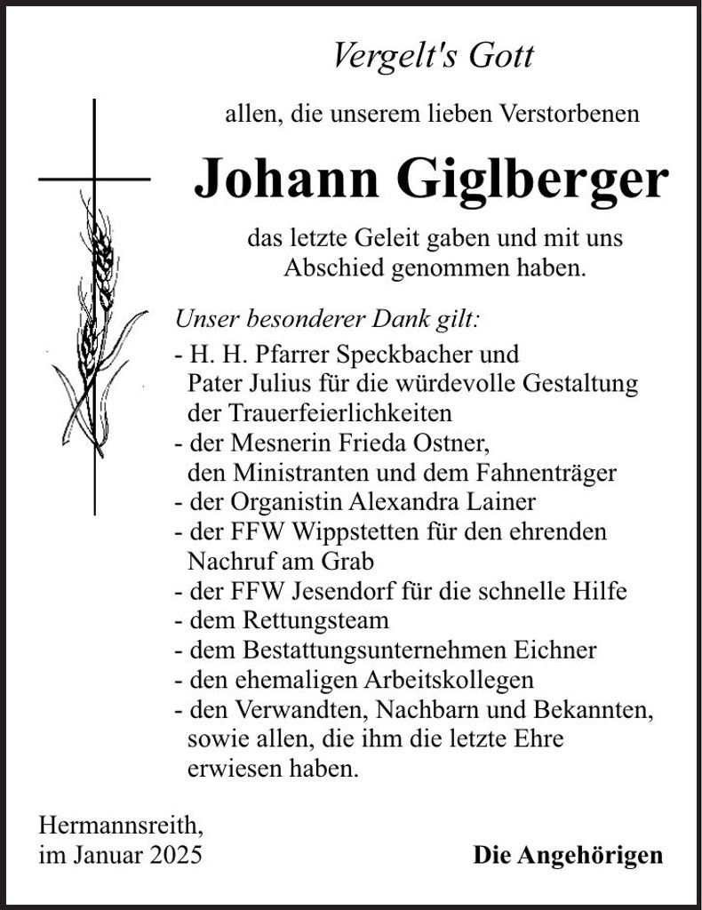 Traueranzeige Johann Giglberger