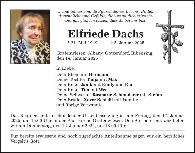 Traueranzeige Elfriede Dachs
