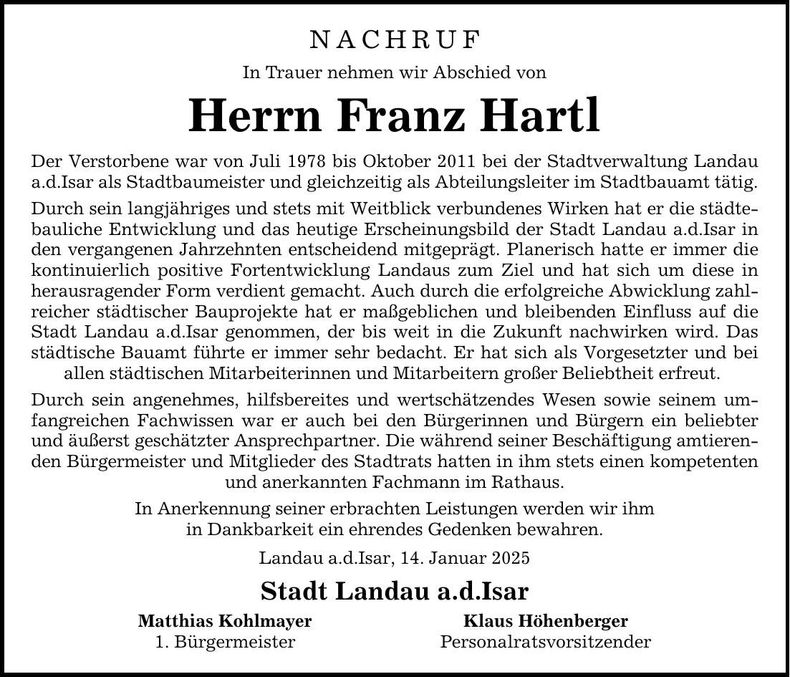 Traueranzeige Franz Hartl