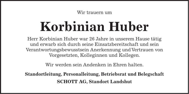 Traueranzeige Korbinian Huber