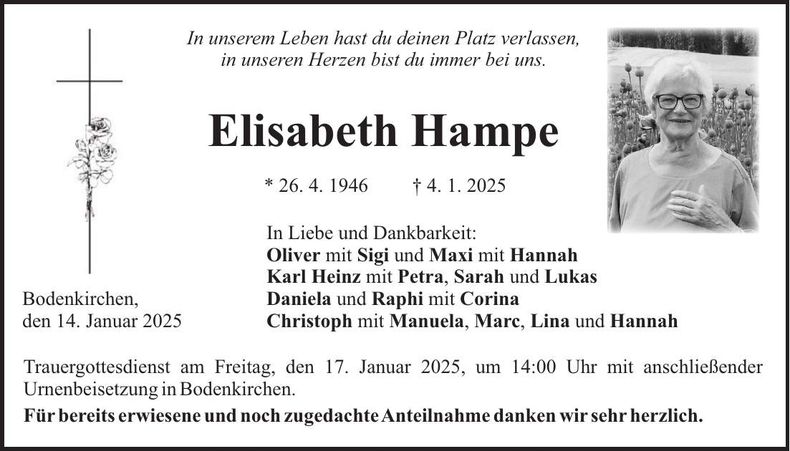 Traueranzeige Elisabeth Hampe