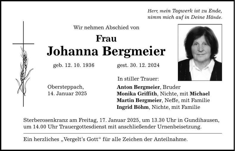 Traueranzeige Johanna Bergmeier