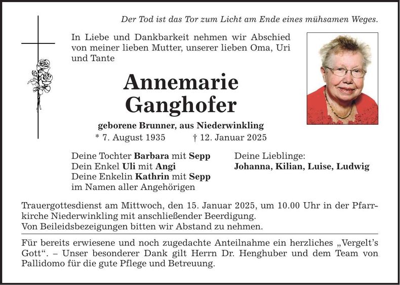 Traueranzeige Annemarie Ganghofer