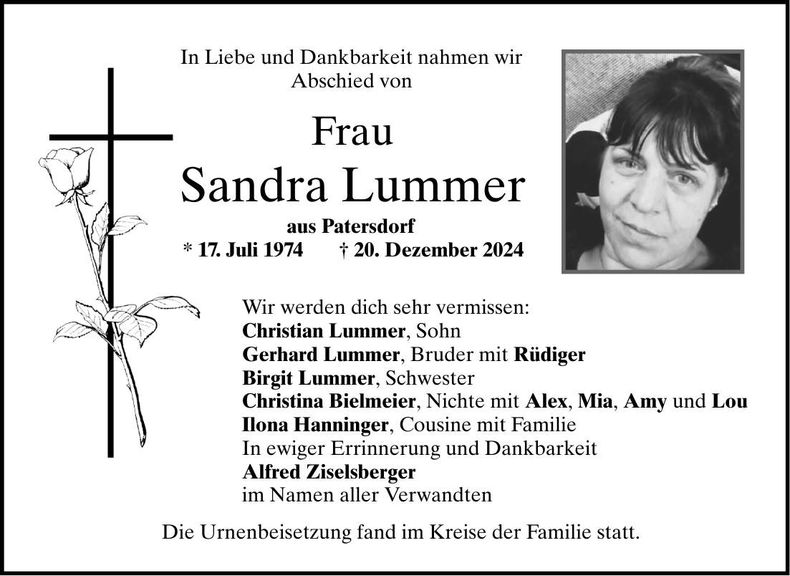 Traueranzeige Sandra Lummer