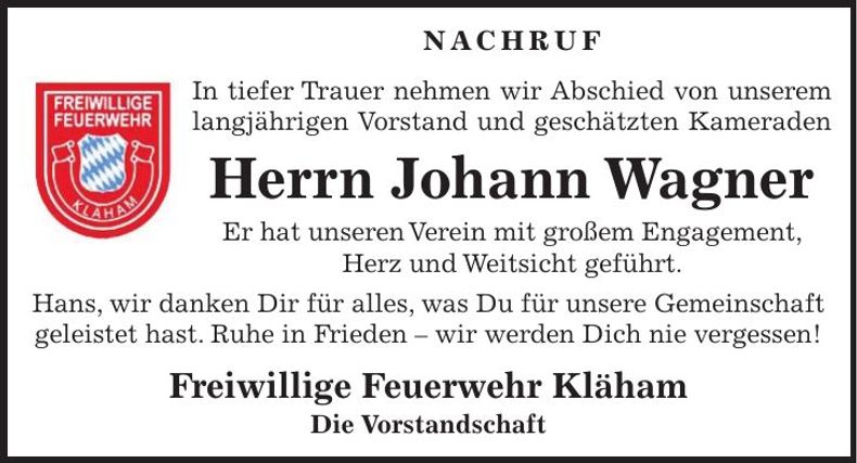 Traueranzeige Johann Wagner