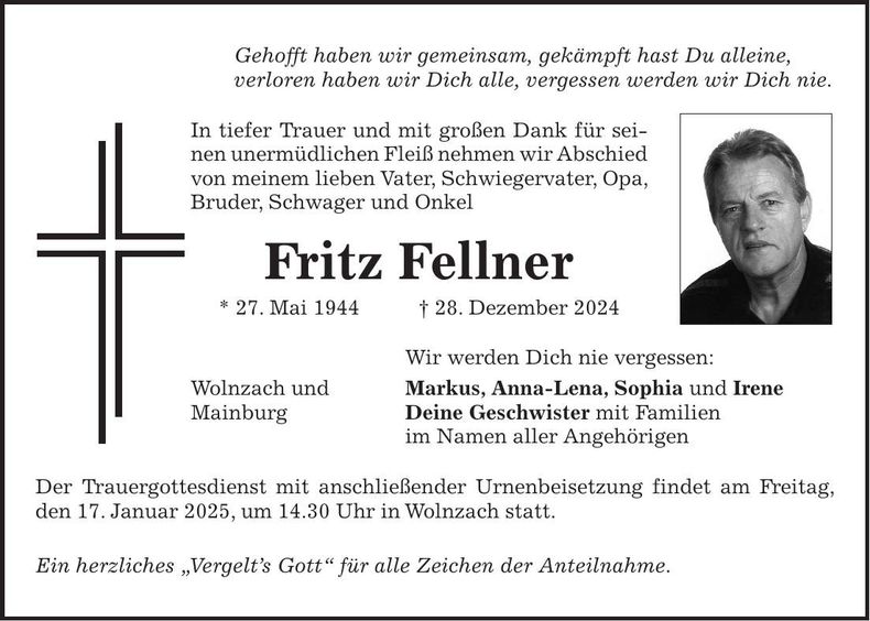 Traueranzeige Fritz Fellner