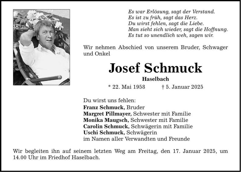 Traueranzeige Josef Schmuck