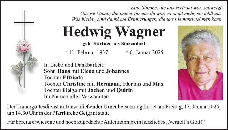 Traueranzeige Hedwig Wagner