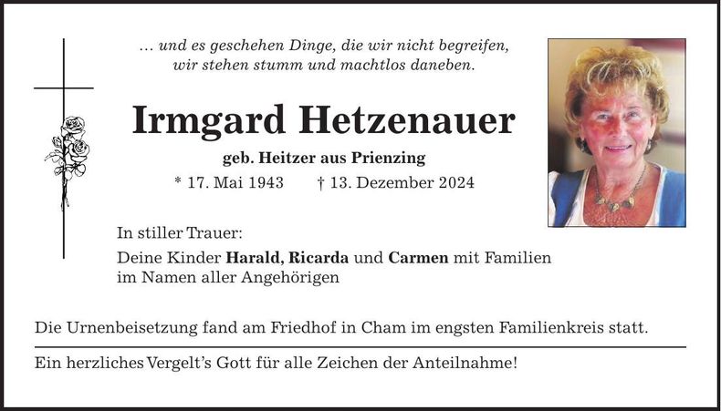 Traueranzeige Irmgard Hetzenauer