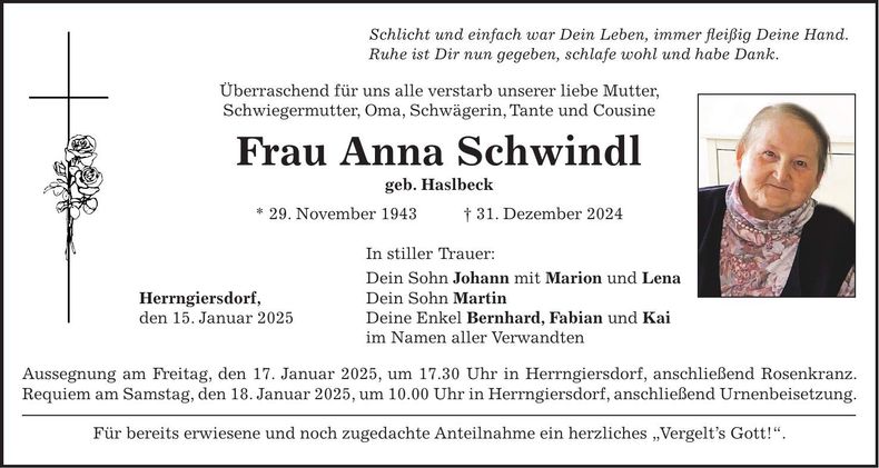Traueranzeige Anna Schwindl