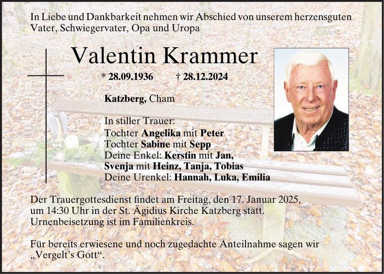 Traueranzeige Valentin Krammer