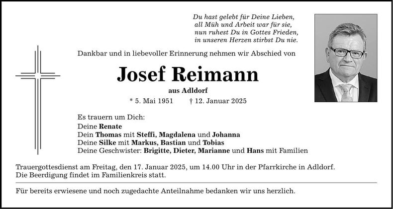 Traueranzeige Josef Reimann