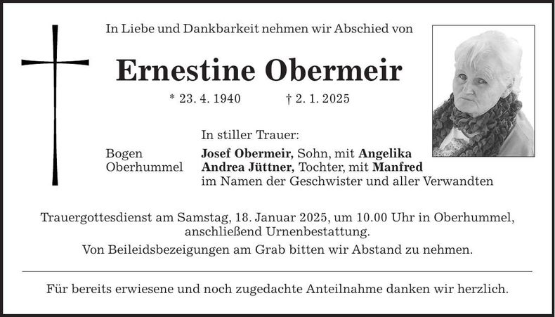 Traueranzeige Ernestine Obermeir