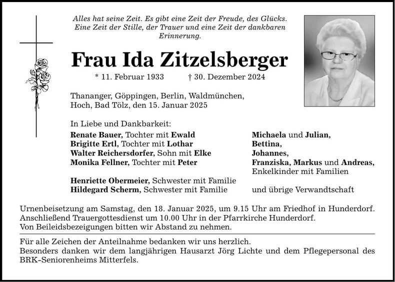 Traueranzeige Ida Zitzelsberger