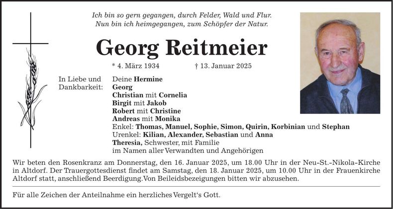 Traueranzeige Georg Reitmeier