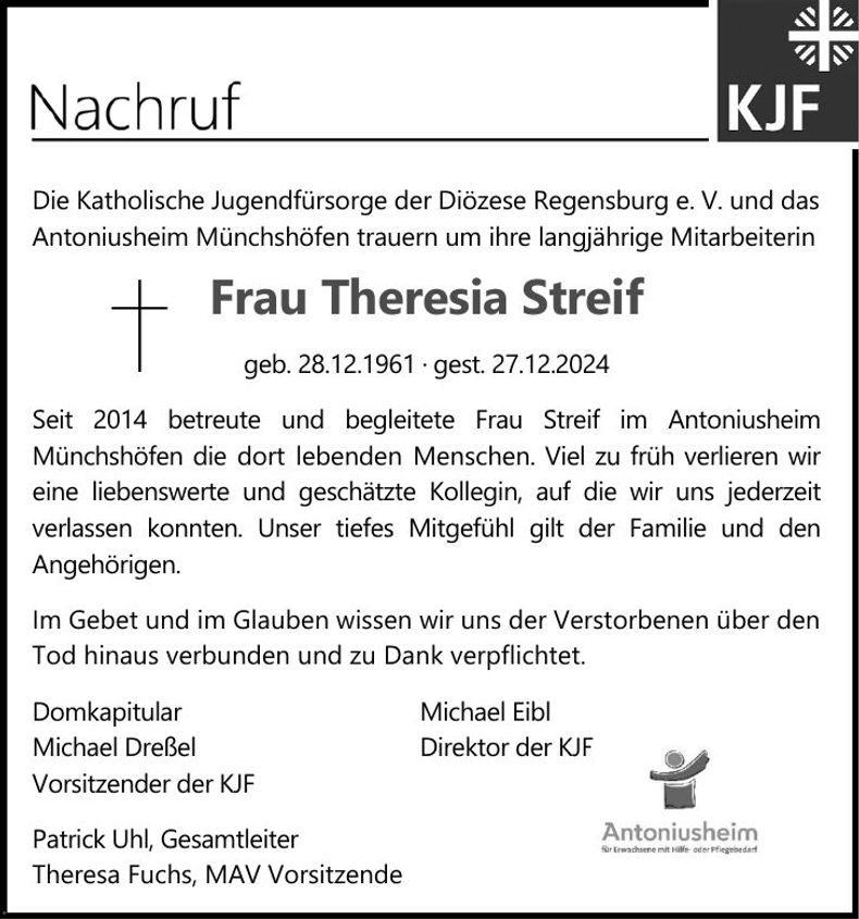 Traueranzeige Theresia Streif