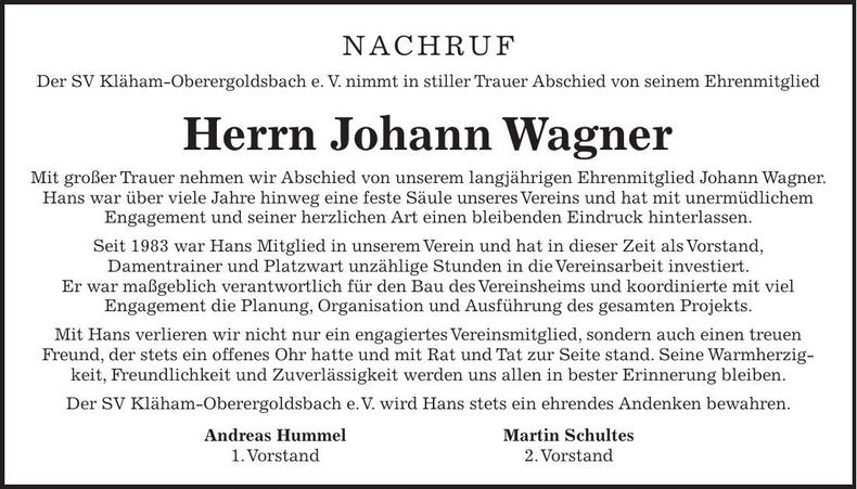 Traueranzeige Johann Wagner