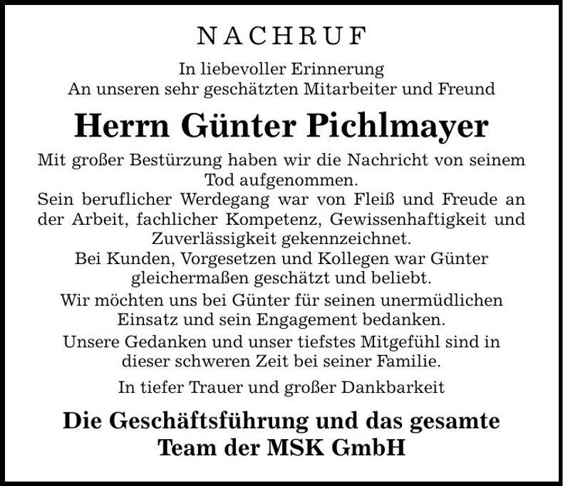 Traueranzeige Günter Pichlmayer
